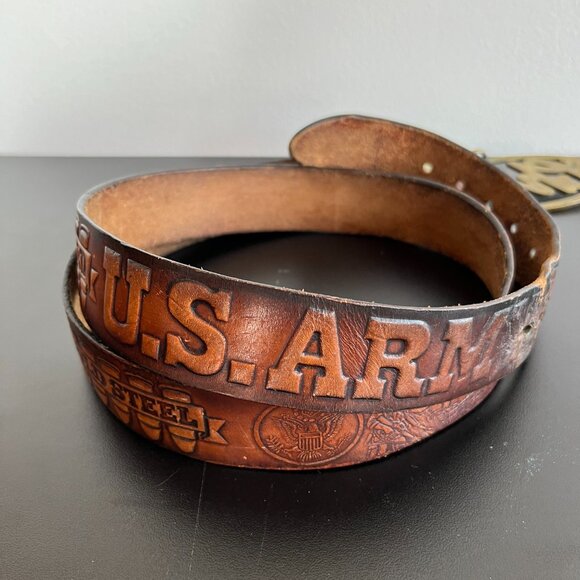 vintage 70s belt brown tooled leather U.S. ARMY cold steel brass CHRIS buckle XL - Picture 6 of 15